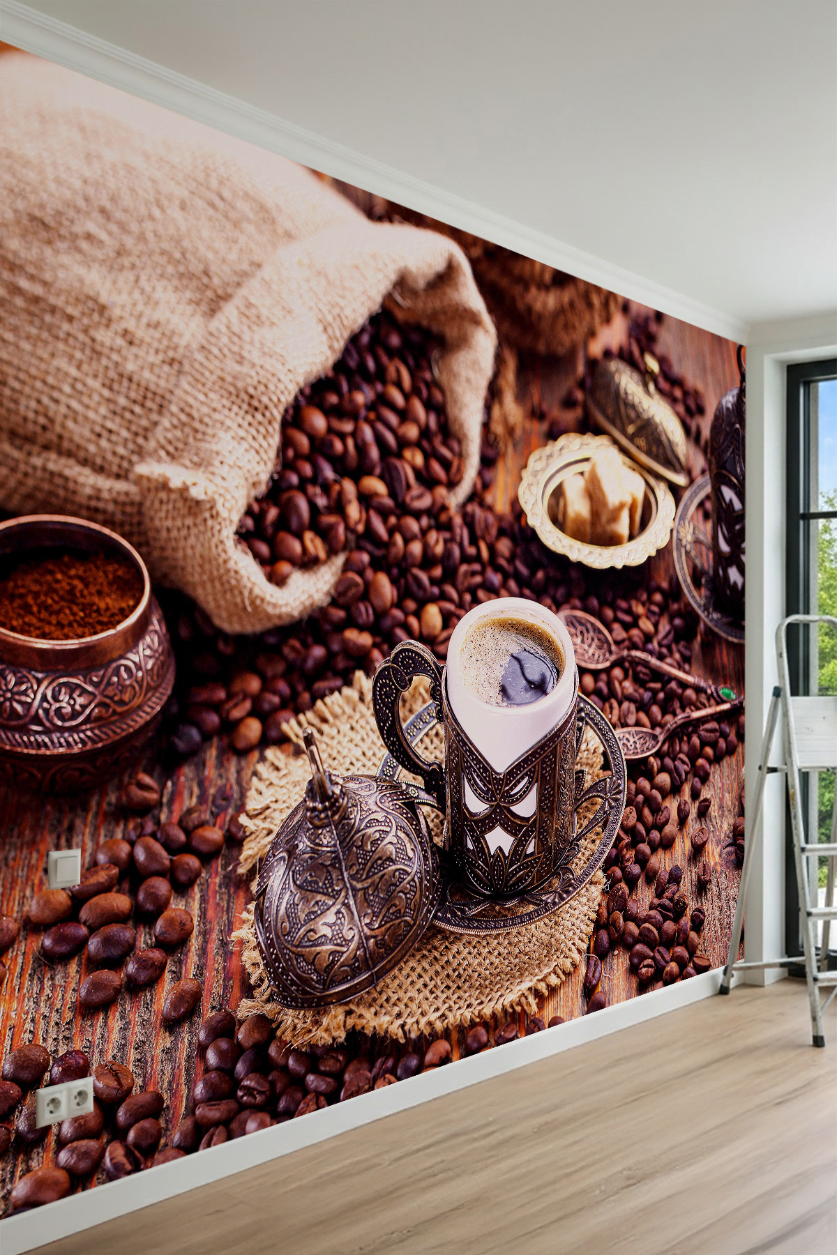 Dreamwall Geleneksel Türk Kahvesi Takımı Motifli Tek Parça Tekstil Duvar Kağıdı görsel 1