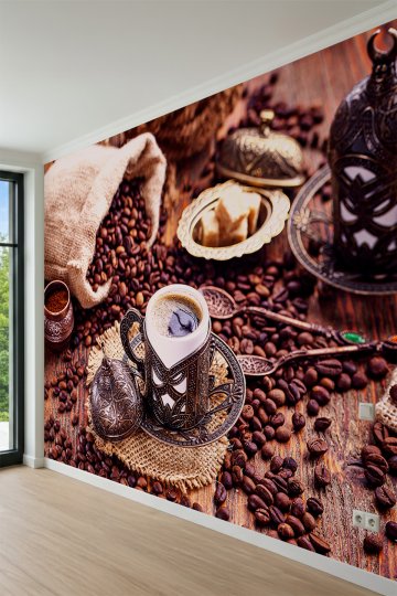 Dreamwall Geleneksel Türk Kahvesi Takımı Motifli Tek Parça Tekstil Duvar Kağıdı küçük görsel 3