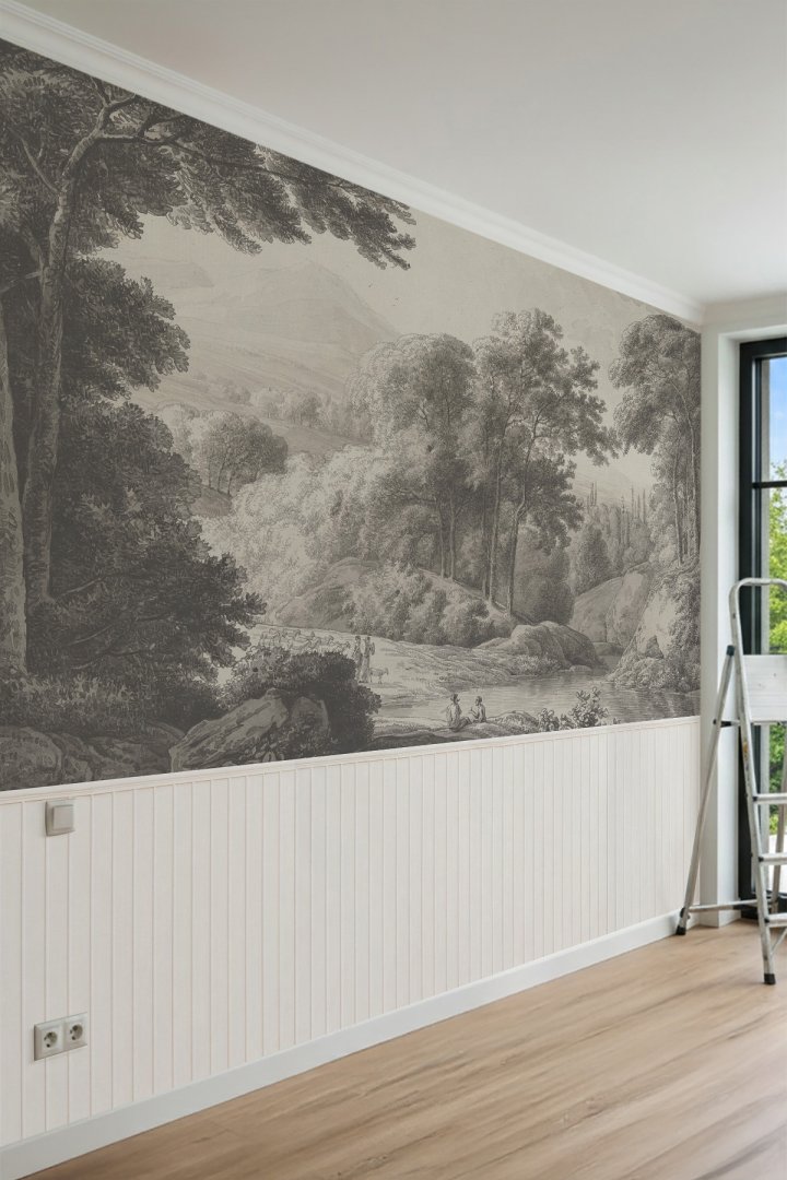 Dreamwall Geometrik Ahşap Çerçeveli Bambu ve Tablo Desenli Tek Parça Tekstil Duvar Kağıdı