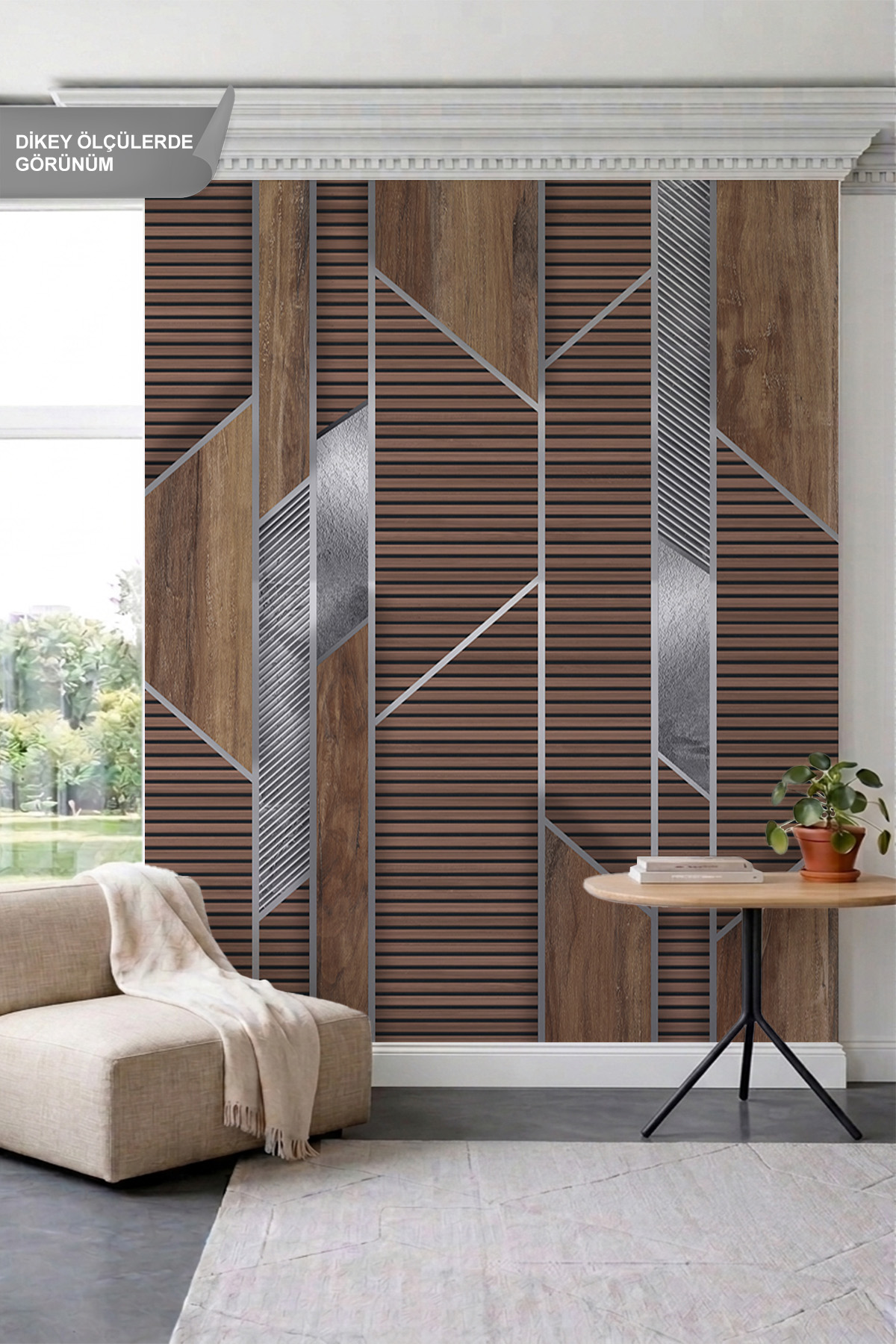 Dreamwall Geometrik Ahşap Çıta ve Metalik Detay Görünümlü Tek Parça Tekstil Duvar Kağıdı görsel 1