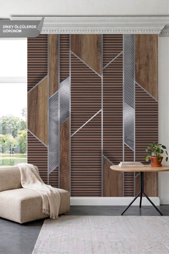 Dreamwall Geometrik Ahşap Çıta ve Metalik Detay Görünümlü Tek Parça Tekstil Duvar Kağıdı