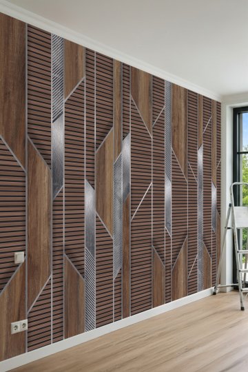 Dreamwall Geometrik Ahşap Çıta ve Metalik Detay Görünümlü Tek Parça Tekstil Duvar Kağıdı küçük görsel 2