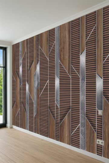 Dreamwall Geometrik Ahşap Çıta ve Metalik Detay Görünümlü Tek Parça Tekstil Duvar Kağıdı küçük görsel 3