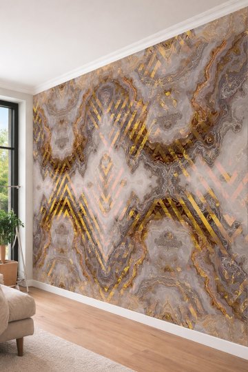 Dreamwall Geometrik Altın Çizgi Detaylı Mermer Desenli Tek Parça Tekstil Duvar Kağıdı