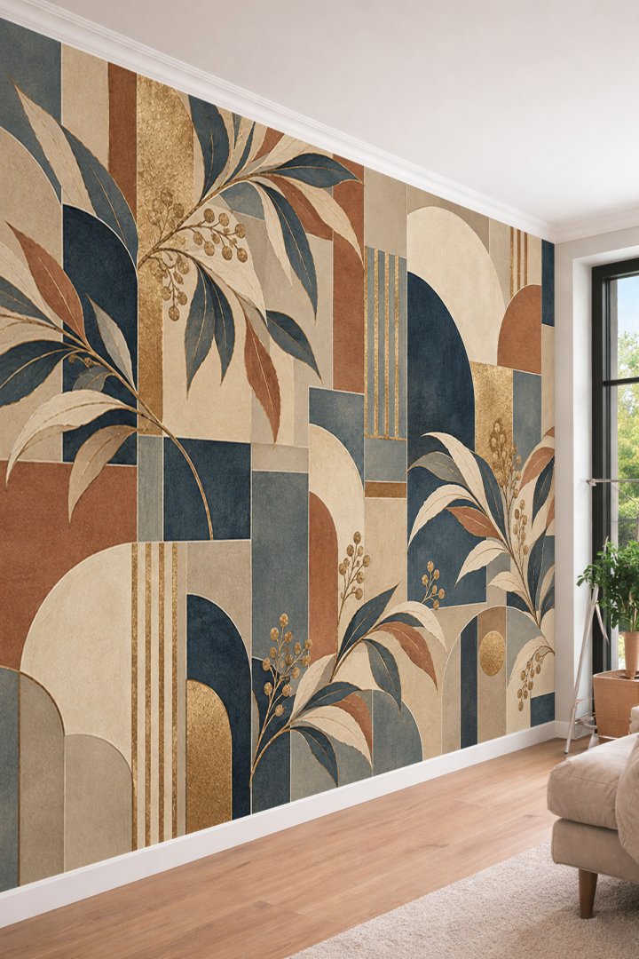 Dreamwall Geometrik Bloklar, Kemer Formları ve Altın Yaldızlı Bitki Motifli Tek Parça Tekstil Duvar...