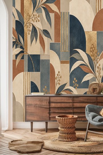 Dreamwall Geometrik Bloklar, Kemer Formları ve Altın Yaldızlı Bitki Motifli Tek Parça Tekstil Duvar Kağıdı  küçük görsel 2