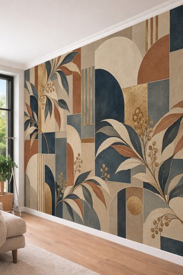 Dreamwall Geometrik Bloklar, Kemer Formları ve Altın Yaldızlı Bitki Motifli Tek Parça Tekstil Duvar Kağıdı  küçük görsel 3