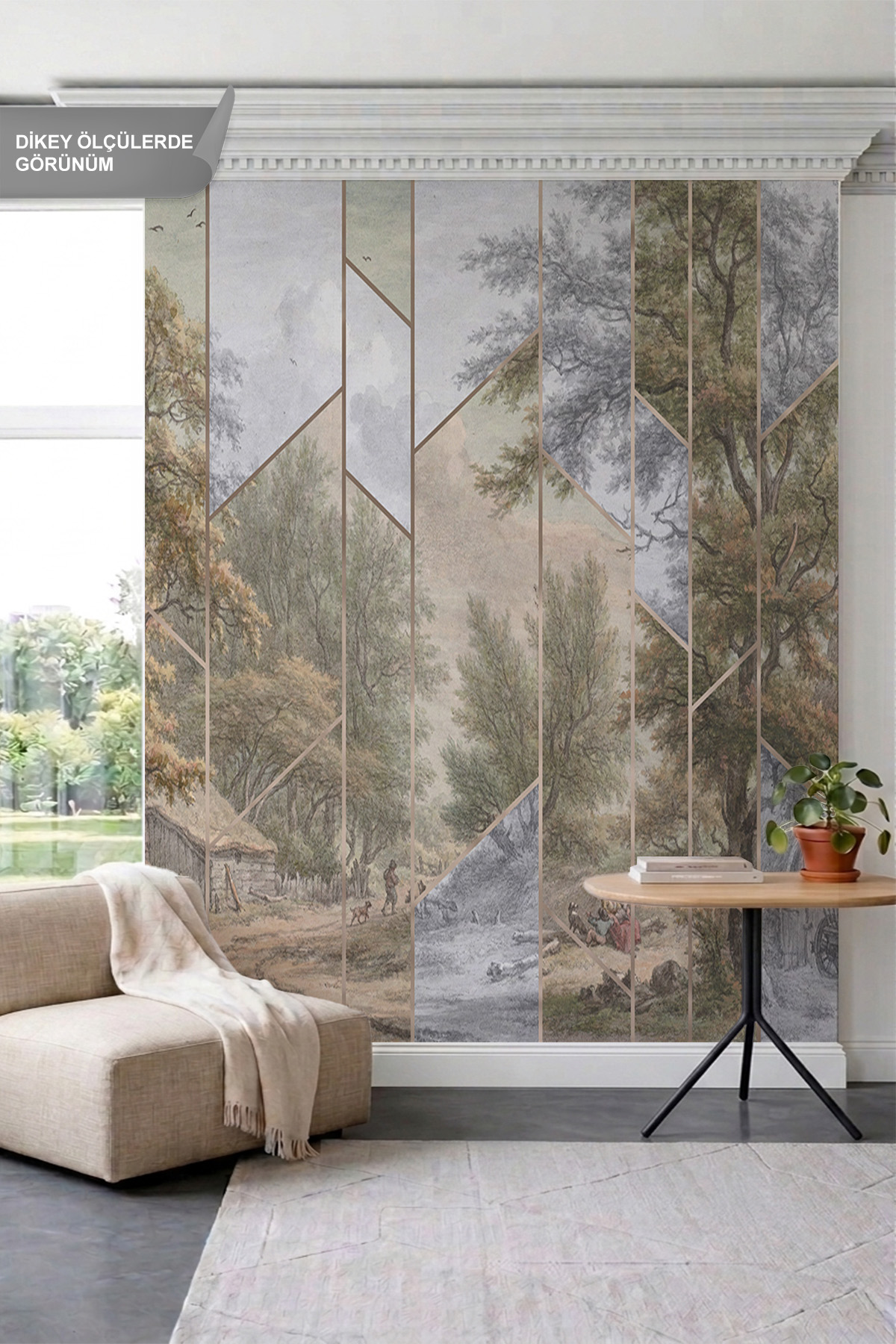 Dreamwall Geometrik Çizgili Klasik Orman ve Manzara Motifli Tek Parça Tekstil Duvar Kağıdı görsel 1