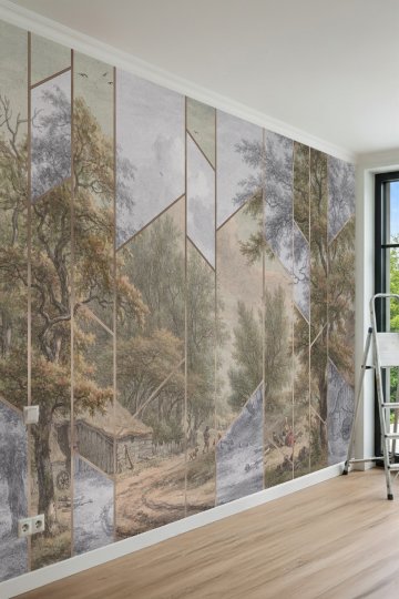 Dreamwall Geometrik Çizgili Klasik Orman ve Manzara Motifli Tek Parça Tekstil Duvar Kağıdı küçük görsel 2