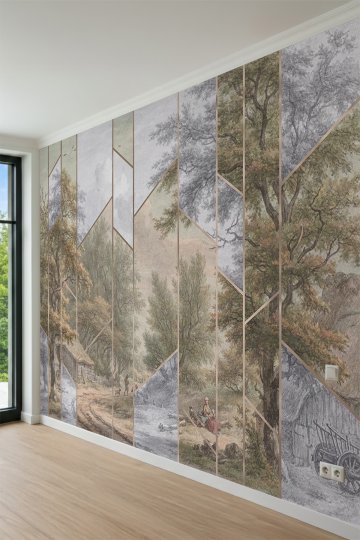 Dreamwall Geometrik Çizgili Klasik Orman ve Manzara Motifli Tek Parça Tekstil Duvar Kağıdı küçük görsel 3