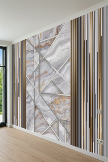 Dreamwall Geometrik Çizgili, Mermer Desenli ve Dikey Çıta Motifli Tek Parça Tekstil Duvar Kağıdı küçük görsel 3