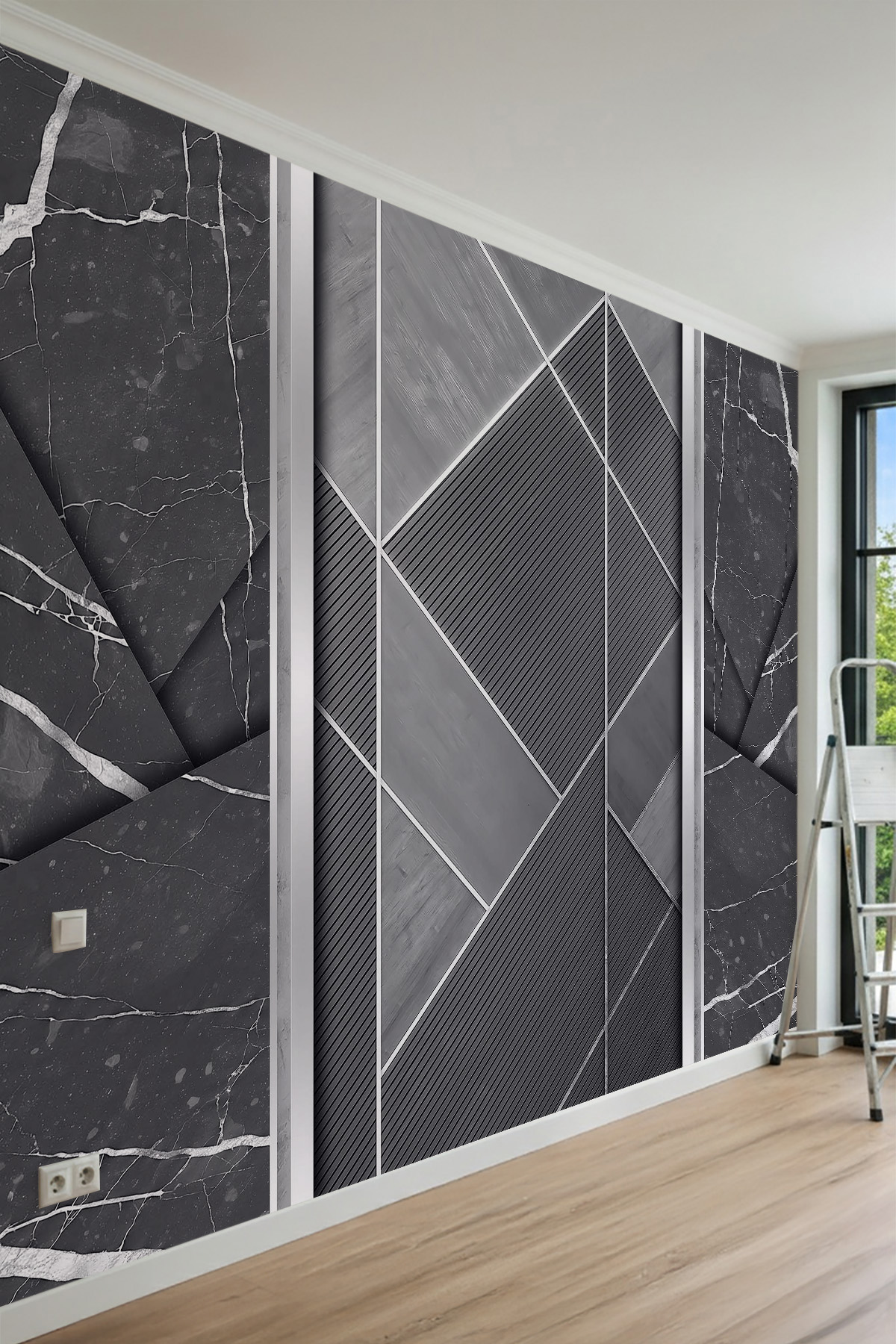 Dreamwall Geometrik Dark Mermer ve Çıta Desenli Tek Parça Tekstil Duvar Kağıdı görsel 1
