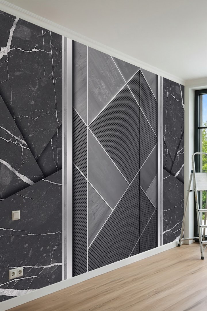 Dreamwall Geometrik Dark Mermer ve Çıta Desenli Tek Parça Tekstil Duvar Kağıdı