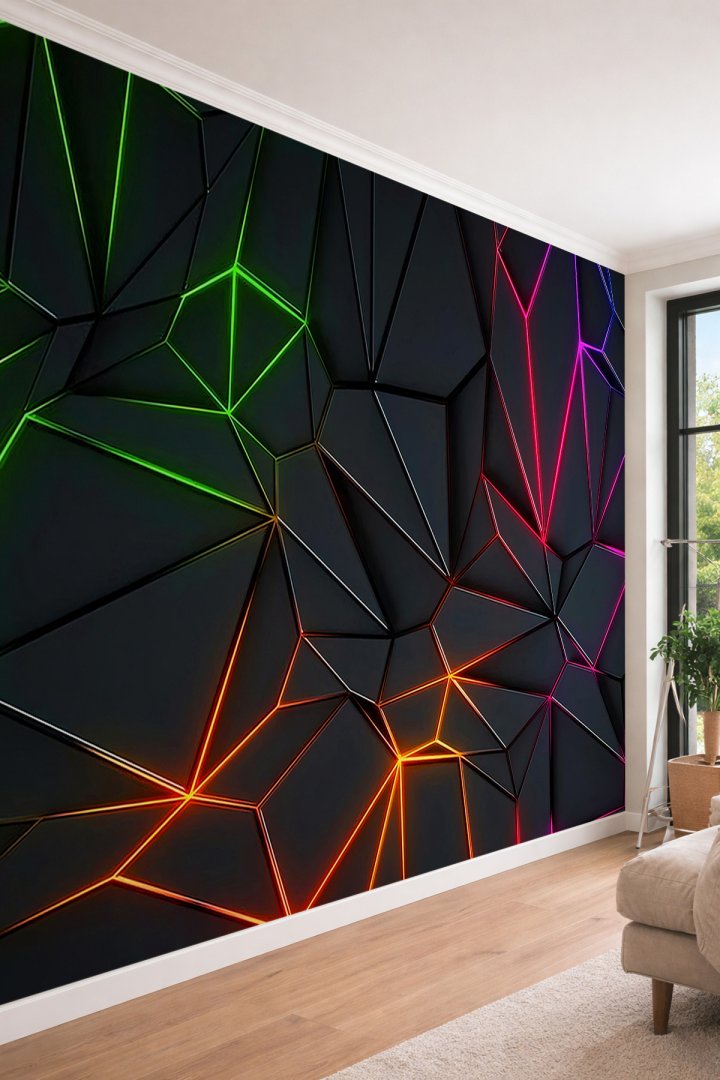 Dreamwall Geometrik Desenli Renkli Neon Işık Efektli 3D Görünümlü Tek Parça Tekstil Duvar Kağıdı