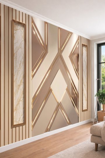 Dreamwall Geometrik Diagonal Paneller, Aydınlatmalı Çizgiler ve Mermer Desenli Tek Parça Tekstil Duvar Kağıdı  küçük görsel 1