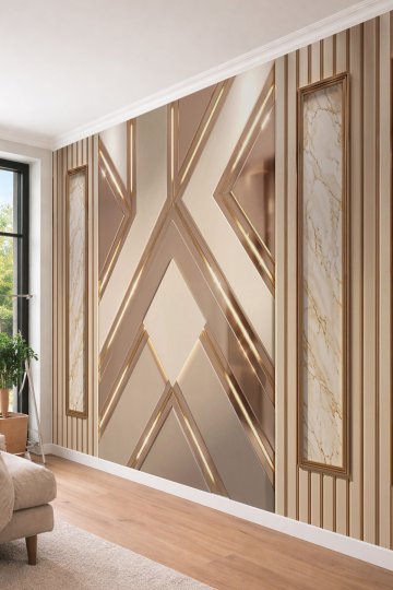Dreamwall Geometrik Diagonal Paneller, Aydınlatmalı Çizgiler ve Mermer Desenli Tek Parça Tekstil Duvar Kağıdı  küçük görsel 3