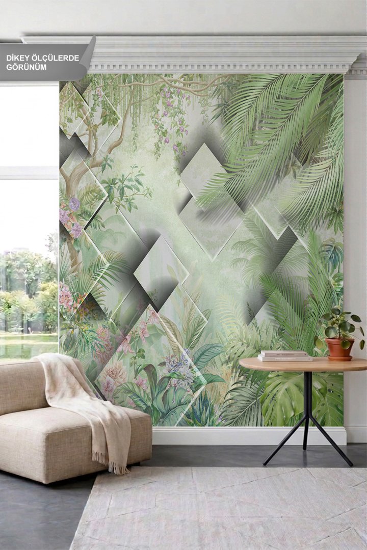 Dreamwall Geometrik Kare Bloklar, Tropikal Yapraklar ve Egzotik Bitki Motifli Tek Parça Tekstil Duva...