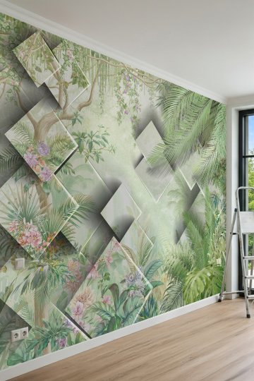 Dreamwall Geometrik Kare Bloklar, Tropikal Yapraklar ve Egzotik Bitki Motifli Tek Parça Tekstil Duvar Kağıdı küçük görsel 2