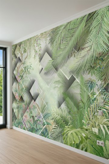 Dreamwall Geometrik Kare Bloklar, Tropikal Yapraklar ve Egzotik Bitki Motifli Tek Parça Tekstil Duvar Kağıdı küçük görsel 3