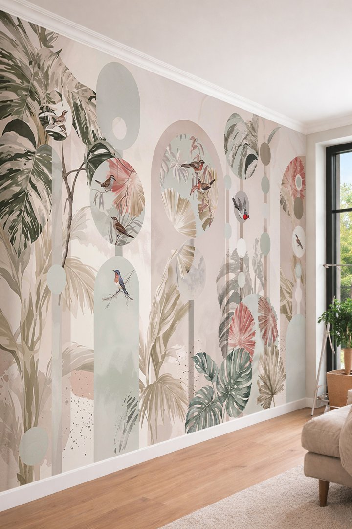 Dreamwall Geometrik Kemer ve Daire Formları, Tropikal Yapraklar ve Kuş Motifli Tek Parça Tekstil Duv...