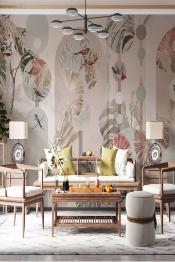 Dreamwall Geometrik Kemer ve Daire Formları, Tropikal Yapraklar ve Kuş Motifli Tek Parça Tekstil Duvar Kağıdı  küçük görsel 2