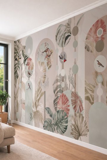 Dreamwall Geometrik Kemer ve Daire Formları, Tropikal Yapraklar ve Kuş Motifli Tek Parça Tekstil Duvar Kağıdı  küçük görsel 4
