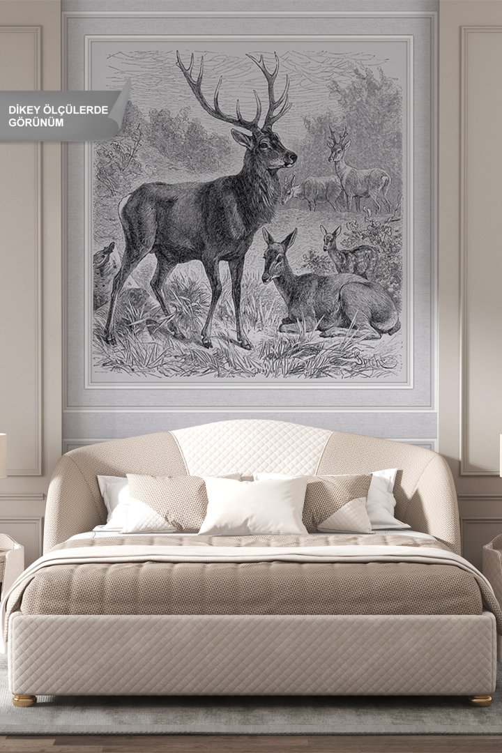 Dreamwall Geyik Figürlü Siyah Beyaz Gravür Sanatı ve Çıta Desenli Tek Parça Tekstil Duvar Kağıdı