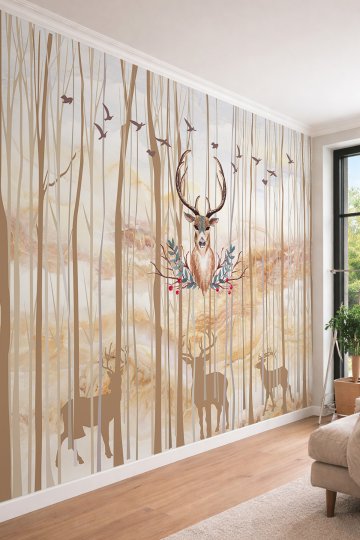 Dreamwall Geyik Figürlü ve Soyut Orman Temalı Mermer Dokulu Tek Parça Tekstil Duvar Kağıdı