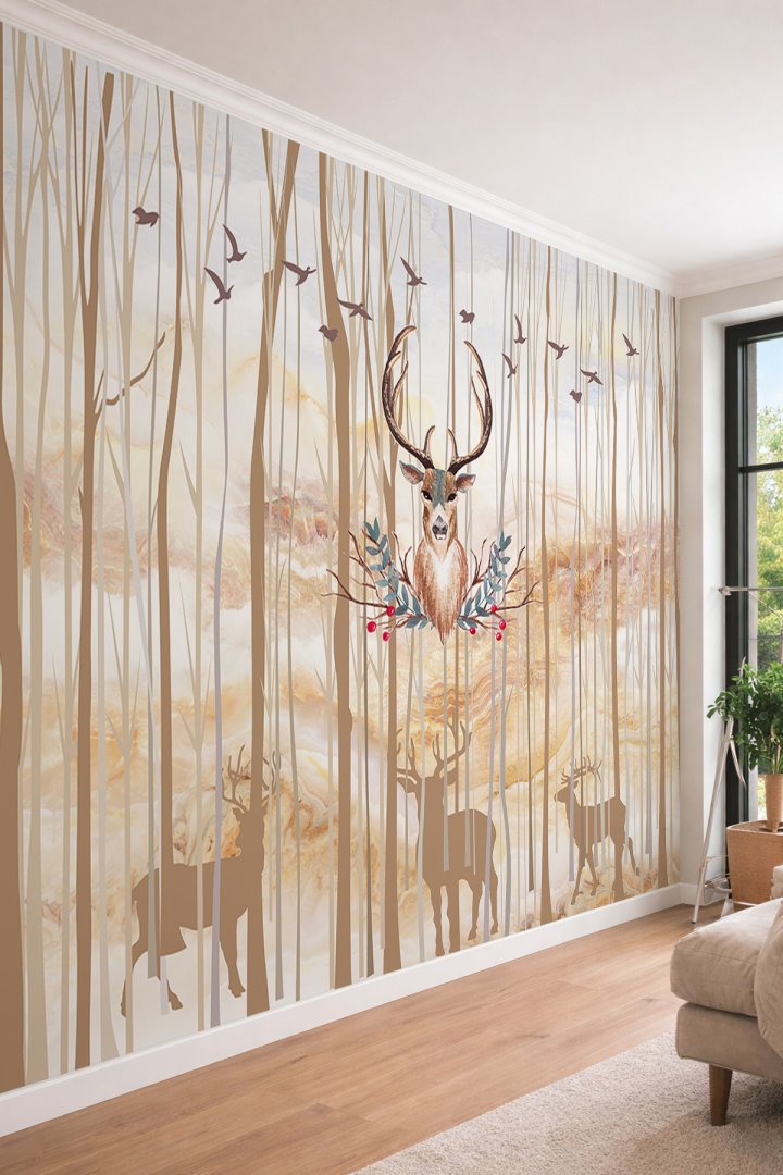 Dreamwall Geyik Figürlü ve Soyut Orman Temalı Mermer Dokulu Tek Parça Tekstil Duvar Kağıdı