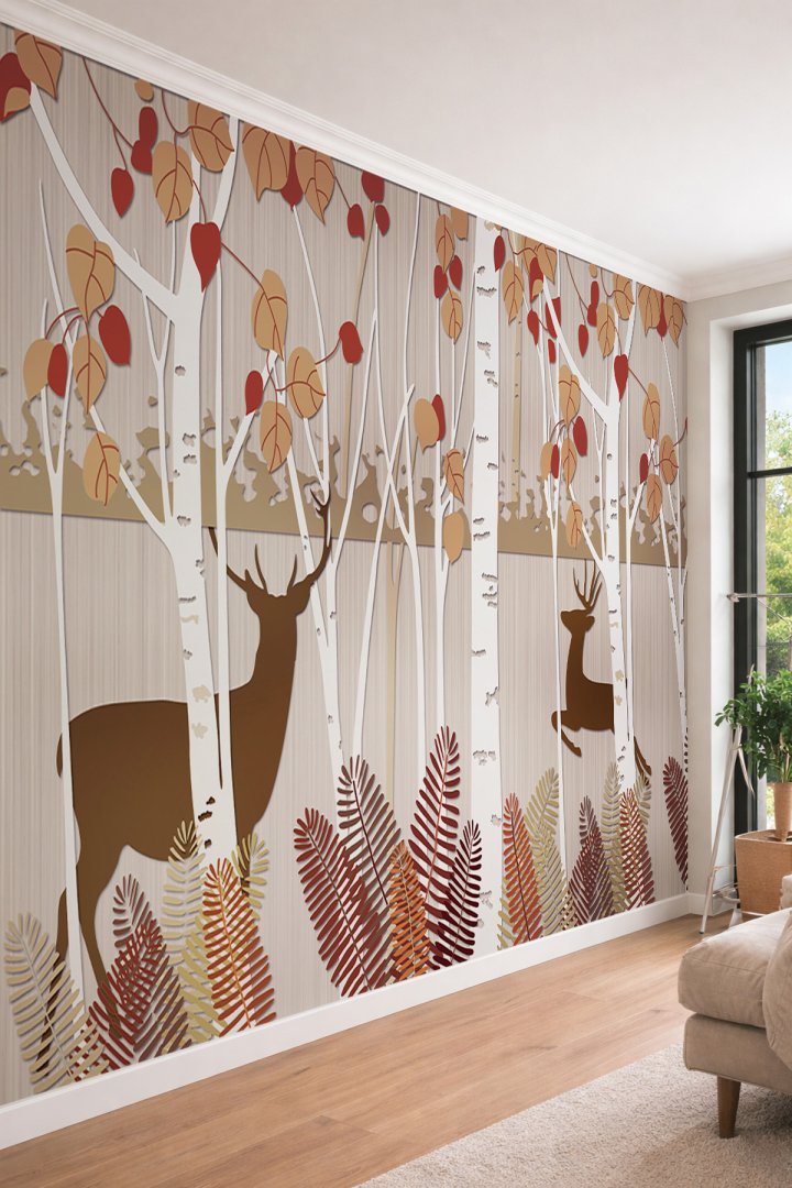 Dreamwall Geyik ve Huş Ağacı Ormanı - Modern Ofis ve Butik Otel İçin Tek Parça Tekstil Duvar Kağıdı