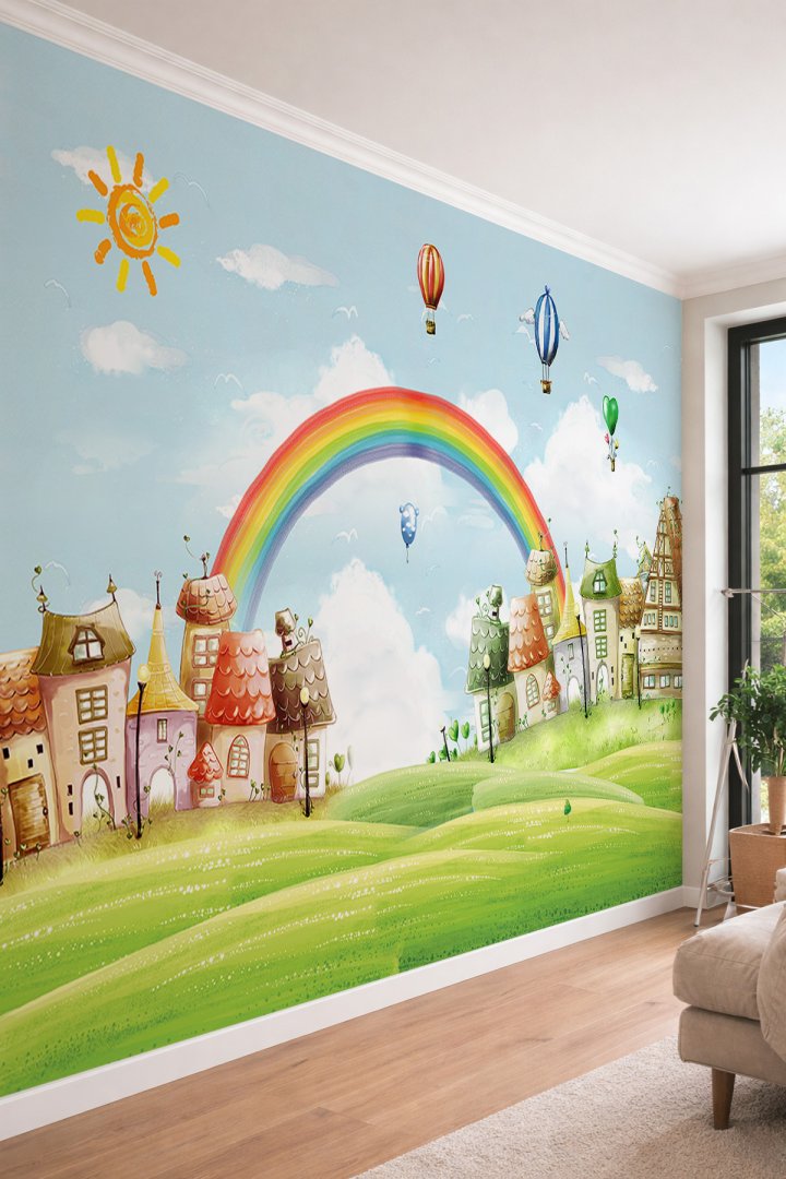 Dreamwall Gökkuşağı ve Sevimli Evler Temalı Çocuk Odası Tek Parça Tekstil Duvar Kağıdı 