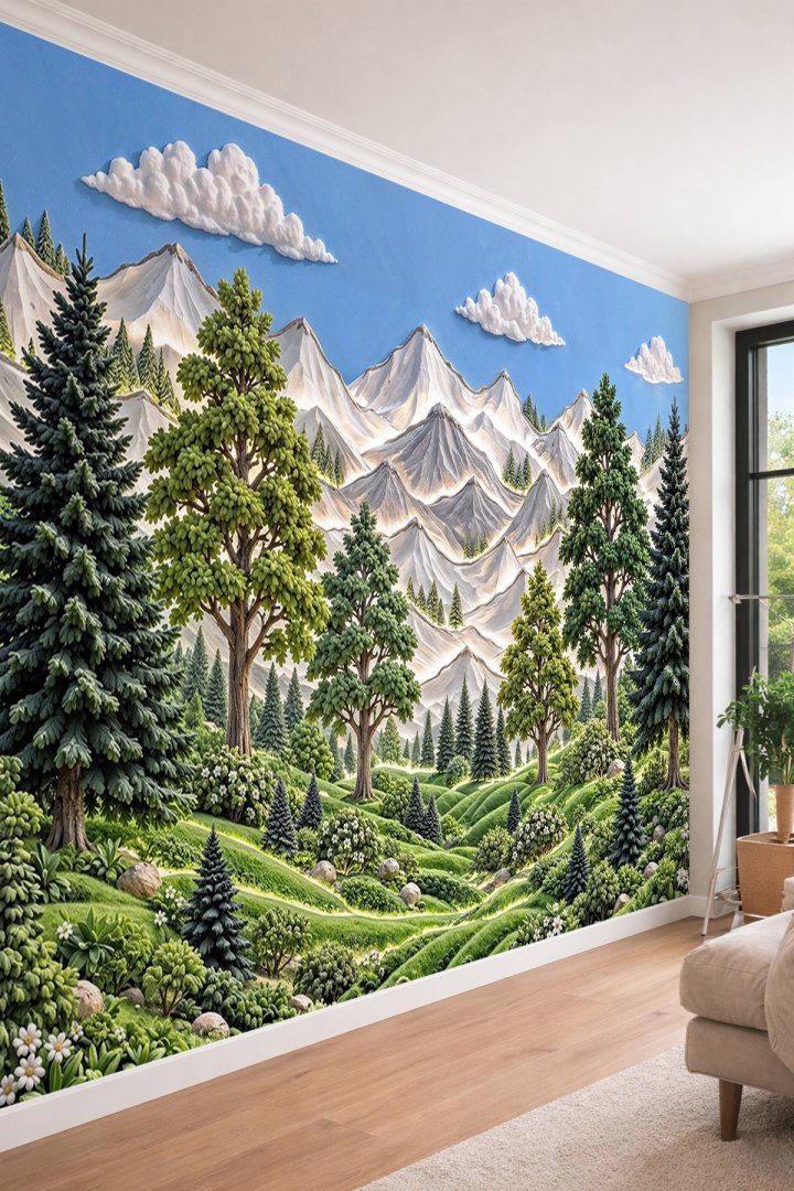 Dreamwall Gökyüzü, Karlı Dağlar ve Çam Ormanı Manzaralı Üç Boyutlu Doğal Tek Parça Tekstil Duvar Kağ...