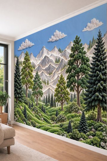 Dreamwall Gökyüzü, Karlı Dağlar ve Çam Ormanı Manzaralı Üç Boyutlu Doğal Tek Parça Tekstil Duvar Kağıdı  küçük görsel 2