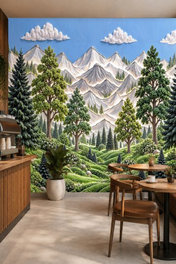 Dreamwall Gökyüzü, Karlı Dağlar ve Çam Ormanı Manzaralı Üç Boyutlu Doğal Tek Parça Tekstil Duvar Kağıdı  küçük görsel 4