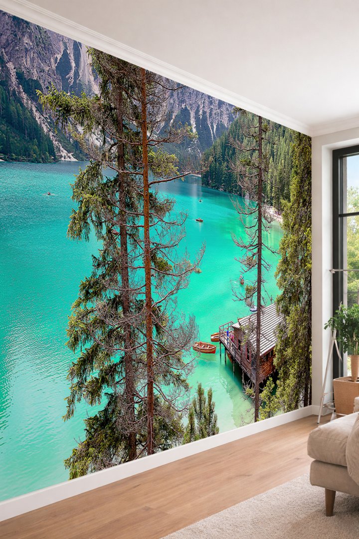 Dreamwall Göl ve Dağ Evi Manzaralı - Ofis ve Kafe İçin Tek Parça Tekstil Duvar Kağıdı