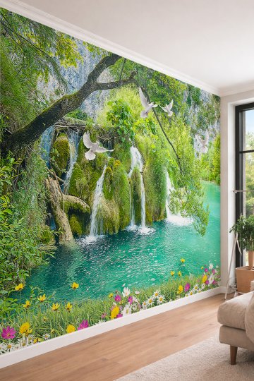 Dreamwall Göl ve Şelale Manzaralı Güvercinli Doğa Temalı Tek Parça Tekstil Duvar Kağıdı