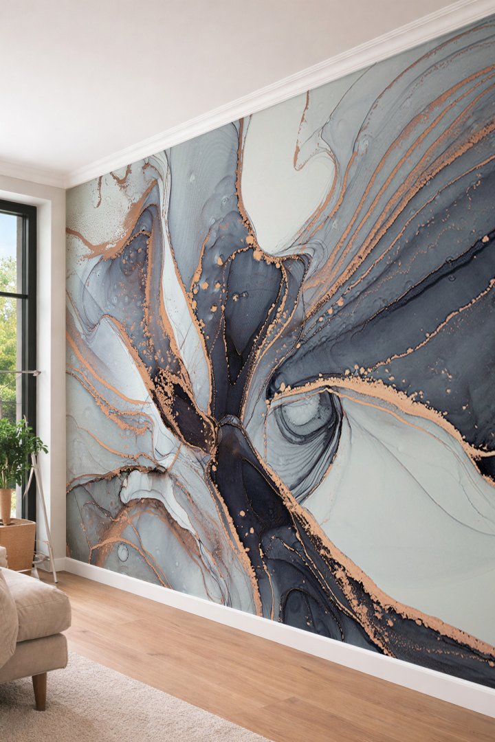Dreamwall Gold Akışkan Mermer Desenli Modern Lüks Soyut Sanat Tek Parça Tekstil Duvar Kağıdı