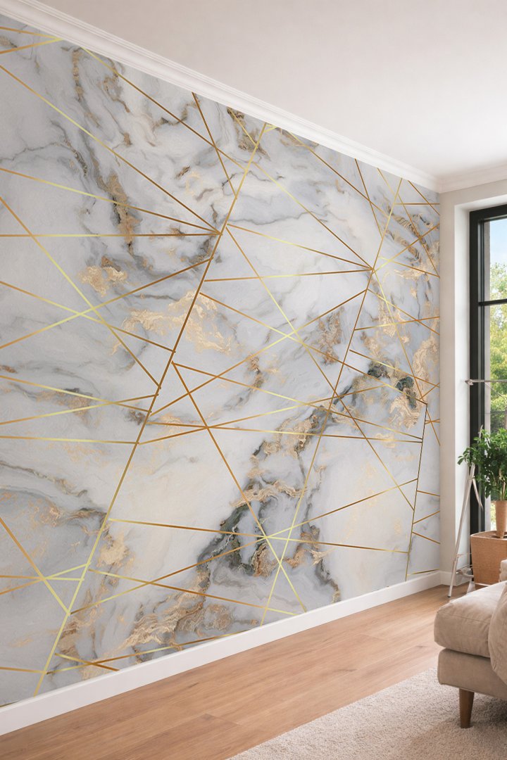 Dreamwall Gold Geometrik Çizgili ve Mermer Desenli Lüks Tek Parça Tekstil Duvar Kağıdı