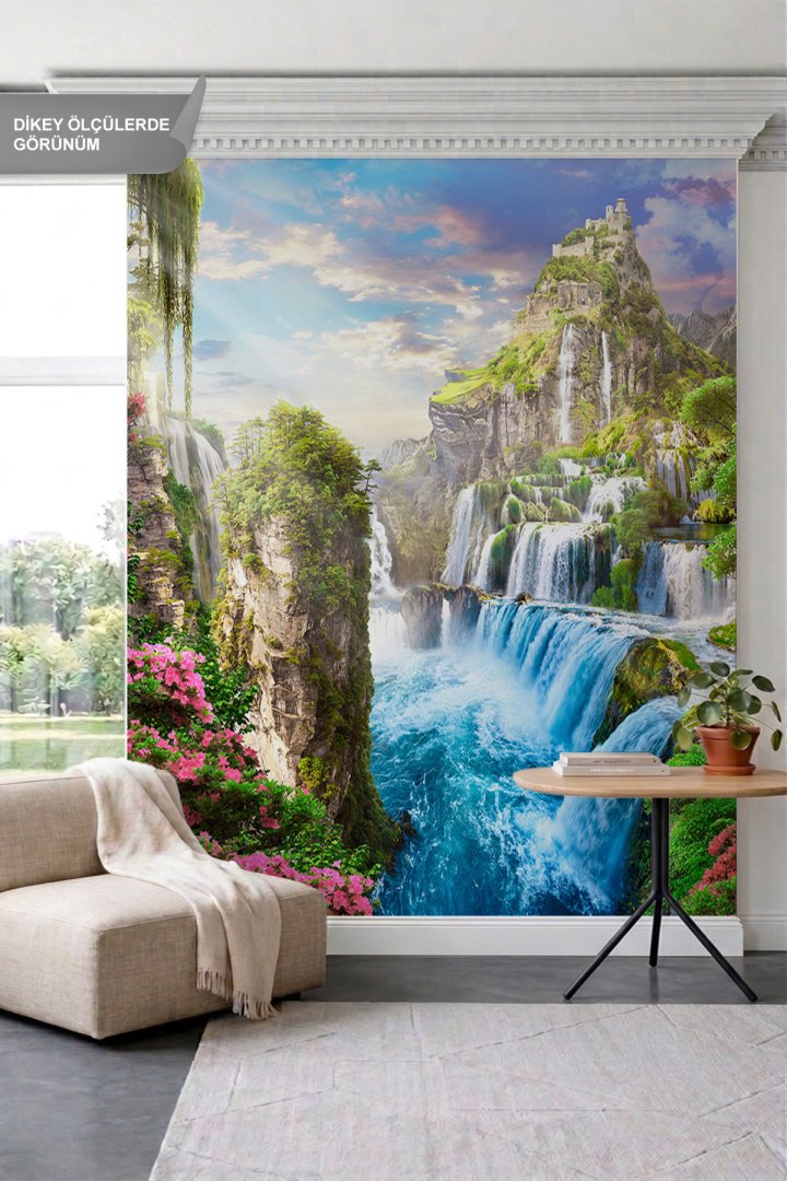 Dreamwall Görkemli Şelaleler, Tepeye Kurulu Kale ve Çiçekli Doğa Manzaralı Tek Parça Tekstil Duvar K...