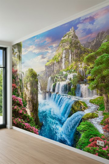 Dreamwall Görkemli Şelaleler, Tepeye Kurulu Kale ve Çiçekli Doğa Manzaralı Tek Parça Tekstil Duvar Kağıdı küçük görsel 3