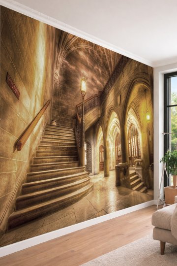 Dreamwall Gotik Mimari ve Tarihi Merdivenler - Nostaljik Temalı Tek Parça Tekstil Duvar Kağıdı