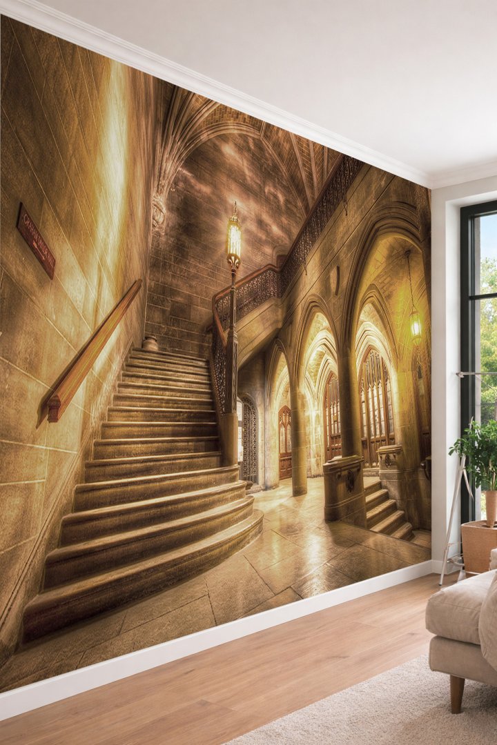 Dreamwall Gotik Mimari ve Tarihi Merdivenler - Nostaljik Temalı Tek Parça Tekstil Duvar Kağıdı