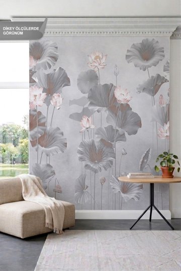 Dreamwall Gri Lotus Çiçekleri ve Yaprakları  Lotus Çiçekleri ve Yaprakları Tek Parça Tekstil Duvar Kağıdı küçük görsel 2