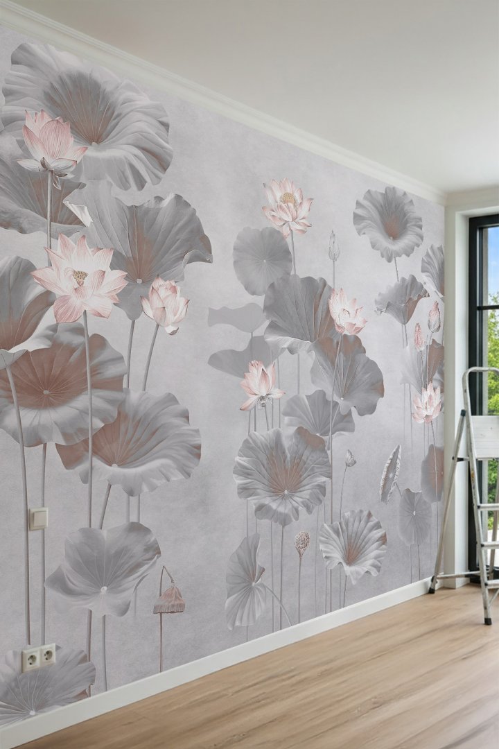 Dreamwall Gri Lotus Çiçekleri ve Yaprakları  Lotus Çiçekleri ve Yaprakları Tek Parça Tekstil Duvar K...