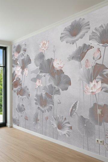 Dreamwall Gri Lotus Çiçekleri ve Yaprakları  Lotus Çiçekleri ve Yaprakları Tek Parça Tekstil Duvar Kağıdı küçük görsel 3