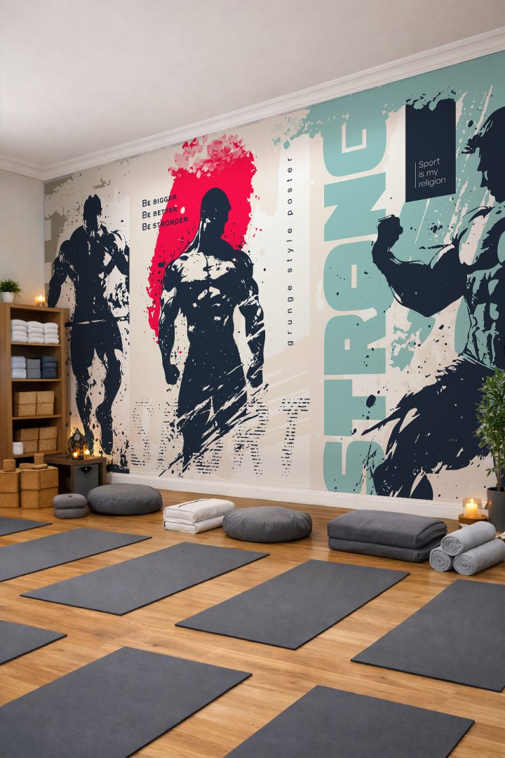 Dreamwall Grunge Tarzı Fitness, Vücut Geliştirme ve Tipografik Desenli Tek Parça Tekstil Duvar Kağıd...