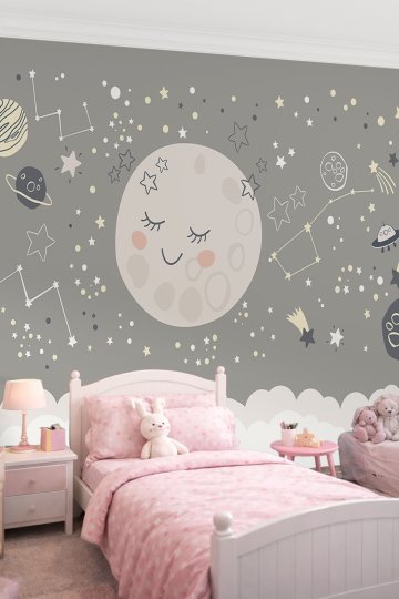 Dreamwall Gülen Ay Dede ve Takım Yıldızlar Temalı Tek Parça Tekstil Duvar Kağıdı
