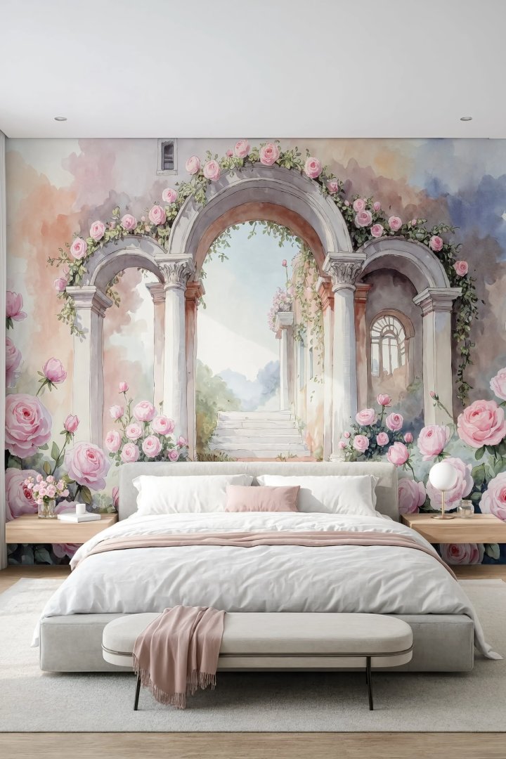 Dreamwall Güllerin Ardında- Gül Sarmaşıklı Sütun Desenli Tek Parça Tekstil Duvar Kağıdı