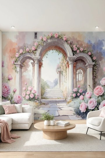 Dreamwall Güllerin Ardında- Gül Sarmaşıklı Sütun Desenli Tek Parça Tekstil Duvar Kağıdı küçük görsel 3