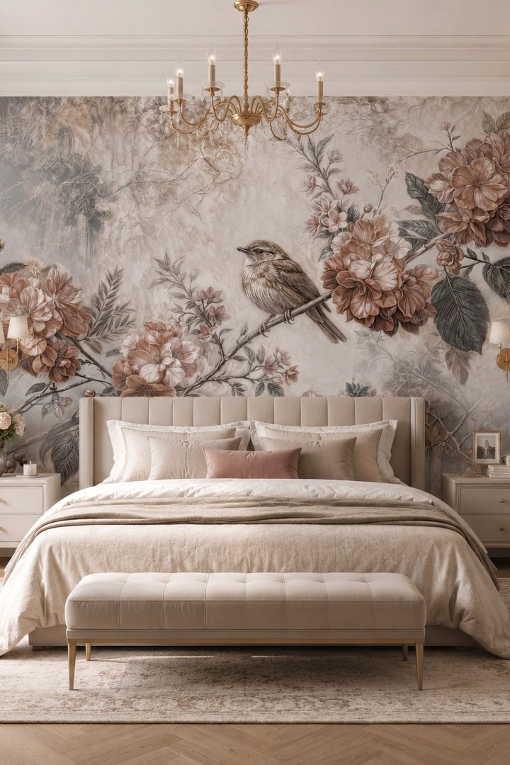 Dreamwall Gümüş Bahçe Kuş ve Botanik Desenli Tek Parça Tekstil Duvar Kağıdı